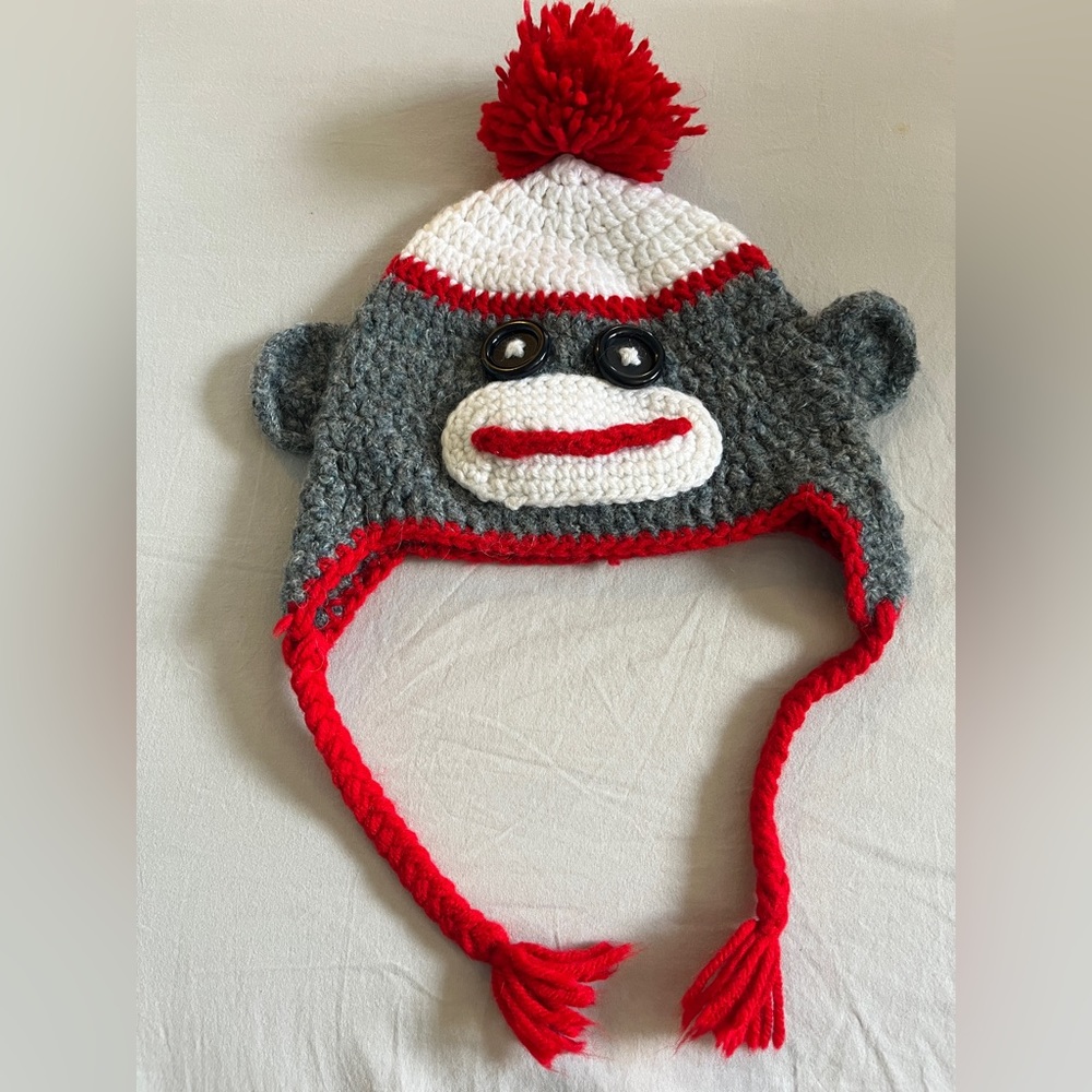 Sock Monkey Toque Knit Hat Pom Braid Strap Handmade Kawaii Cute Vintage Boho Fun